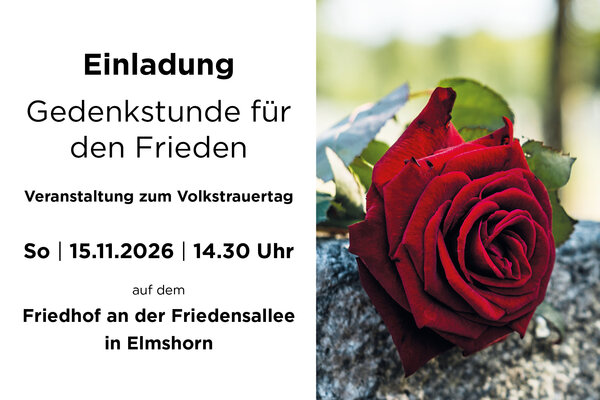 Bild einer auf einem Stein abgelegten roten Rose, daneben steht "Einladung: Gedenkstunde f&uuml;r den Frieden. Veranstaltung zum Volkstrauertag am Sonntag, 15.11.2026 um 14.30 Uhr auf dem Friedhof an der Friedensallee in Elmshorn."