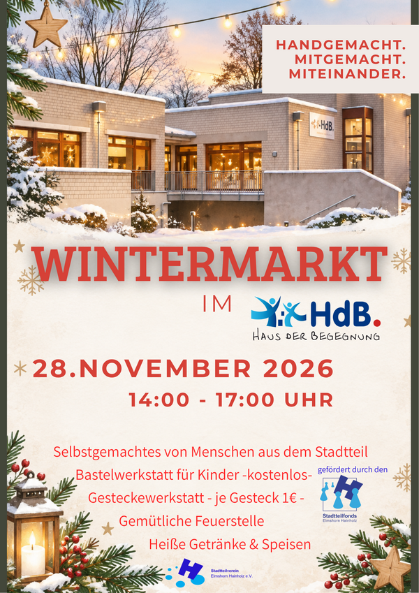 Bild vergr&ouml;&szlig;ern: Plakat mit den Angaben zur Veranstaltung Wintermarkt. Im Hintergrund befindet sich ein winterliches Foto vom Haus der Begegnung.