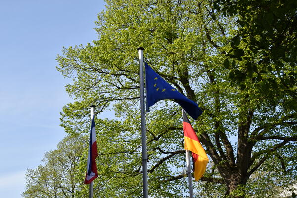 Beflaggung an der Grundschule Hafenstraße. Es sind die Europaflagge, die Deutschlandflagge und die Flagge Schleswig-Holsteins.