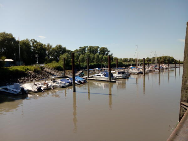 Mehrere kleine Booteliegen im aseldorfer Hafen.