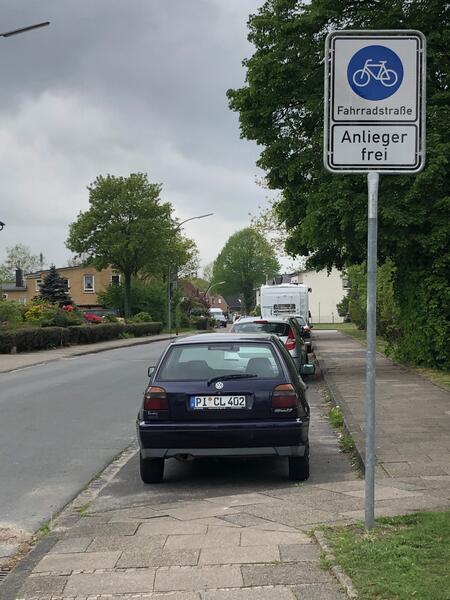 Ein Verkehrszeichen "Fahrradstraße" steht vor Parkplätzen für Autos am Fahrbahnrand.