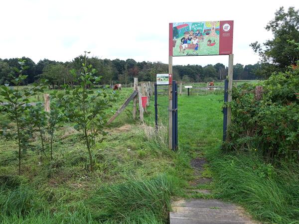 Bild vergr&ouml;&szlig;ern: Eine bunte Tafel auf dem kleinen Tor zur Kuhwiese tr&auml;gt die Aufschrift "Echt Kuhl". An der Wiese steht eine weitere Informationstafel.