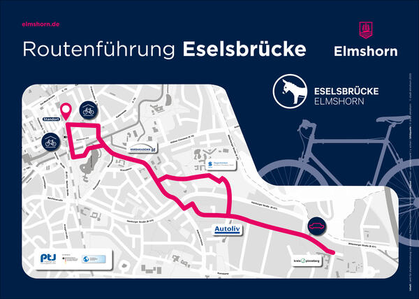 Kartenauschnitt Elmshorn, auf der die Route der Eselsbrücke eingezeichnet ist.