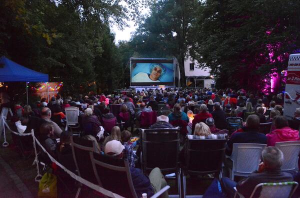 Das Bild zeigt das Publikum bei einem Picknick-Open-Air-Kino-Abend.
