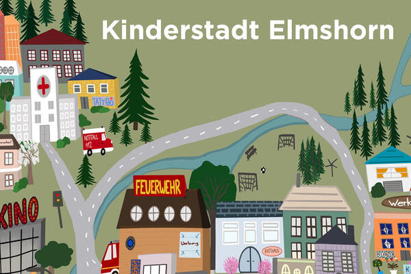 Viele gemalte Häuser mit einer Straße und einem Fluss. Dazu der Schriftzug "Kinderstadt Elmshorn".