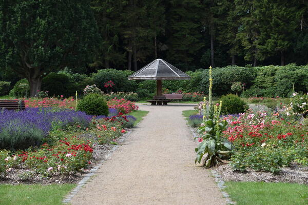 Ein Weg durch Blumenbeete führt zum Pavillion in der Parkanlage Rosengarten im Liether Gehölz.