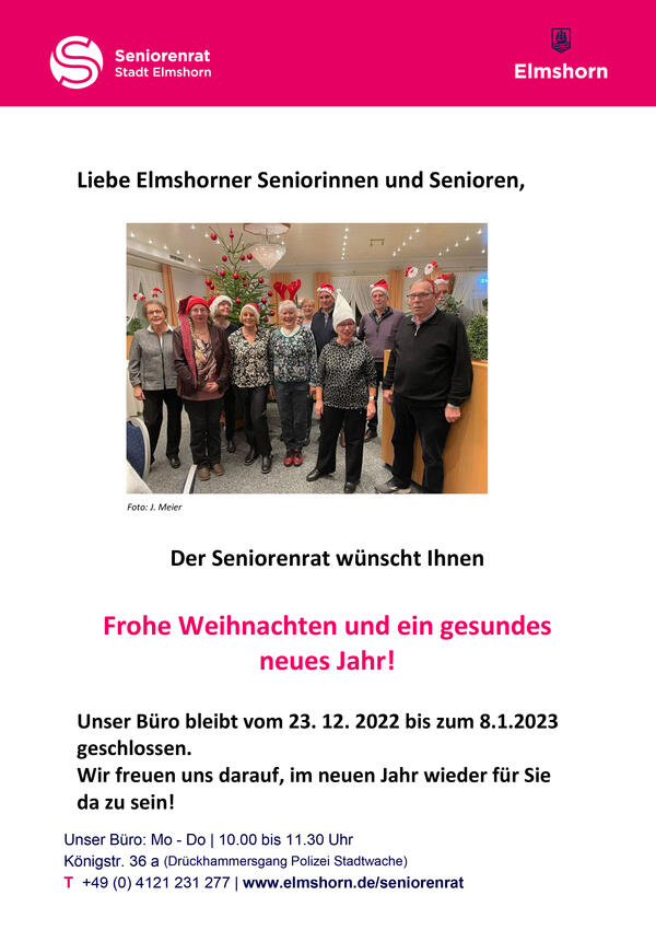 Das Bild zeigt Mitglieder des Seniorenrates der Stadt Elmshorn mit Weihnachtsmützen.