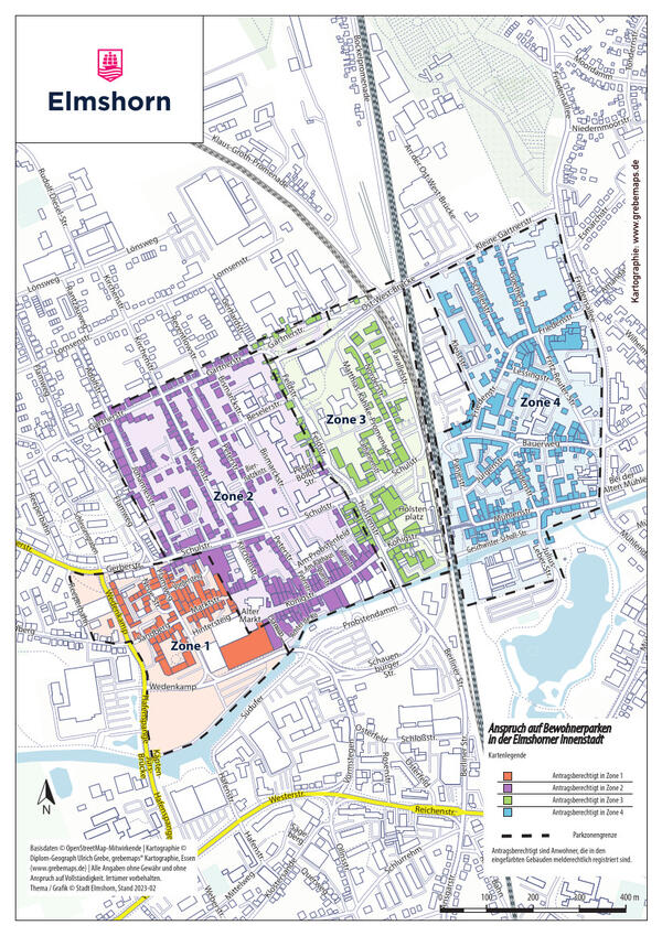 Karte mit den farblich markierten vier Zonen des Bewohnerparkens.