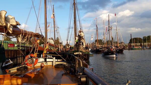 Im Hafen treffen sich historische Segelschiffe, Segler und Ihre Mannschaften zum Gaffeltreffen. Die Schiffe ankern in der Abendsonne, an den vielen Masten wehen Fahnen.
